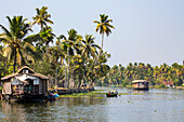 Traditionelle Reiskähne, die zu Touristenbooten umgebaut wurden, in den Backwaters von Kerala, Indien, Kerala, Indien