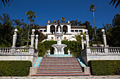 The staircase leading from cottage House A,Casa del Mar,to the Neptune Pool,fountain and veranda at Hearst Castle.,Hearst Castle,San Simeon,California