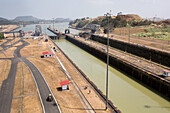 The Miraflores Locks of the Panama Canal leading to the Gulf of Panama and the Pacific Ocean entrance.,Panama