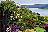 Ein Garten oberhalb des Hafens, an dem ein Ausflugsboot anlegt, in Tobermory, Schottland, Tobermory, Isle of Mull, Schottland