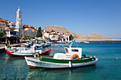 Moored boats in Emporio Harbor,Emporio,Halki,Dodecanese,Greece