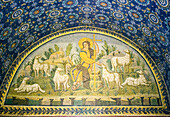 Ravenna,Ravenna Province,Italy.  Interior of the 5th century mausoleum,Mausoleo di Galla Placidia.  Mosaic of The Good Shepherd.