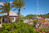 Jachthafen und Geschenkeladen in Nelson's Dockyard auf der Insel Antigua, Antigua, Antigua und Barbuda