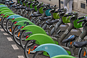 Rental electric bikes lined up in a row,Paris,France