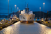 Ship passes through a lock in the Panama Canal,Panama