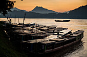 Kreuzfahrtboote, die am Ufer des Mekong festgemacht sind, Laos