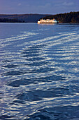Spiegelungen im gekräuselten Wasser des Puget Sound und ein Kreuzfahrtschiff an der Küste von Washington, USA, Washington, Vereinigte Staaten von Amerika