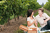 Couple Having a Picnic in a Vineyard