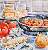 Illustration of Food and Frying Pan on Stove