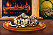 Illustration of Dog and Cat Sleeping in Front of Fireplace With One Eye Open