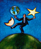 Illustration eines Geschäftsmannes, der Erde, Mond und Stern balanciert