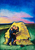 Illustration eines küssenden Paares am Heuhaufen