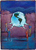 Illustration von vier Menschen, die nachdenken und die Welt als Gedankenblase erschaffen