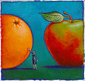 Illustration of Woman Comparing Apples to Oranges