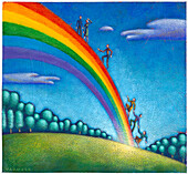 Illustration von Menschen, die auf einen Regenbogen klettern