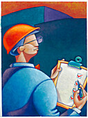 Illustration eines Mannes, der einen Schutzhelm trägt und ein Klemmbrett mit einer Checkliste hält