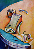 Illustration of Still Life of Table with Coffee,Newspaper and Glasses