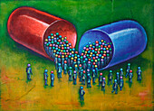 Illustration einer großen Pillen-Kapsel mit einer Menschenmenge, die sich um die Pille versammelt hat