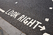 Look Right Warning at Crossing on Road