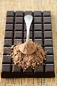 Chocolate Bar with Spoon Overflowing with Powdered Chocolate,Studio Shot