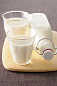 Two Glasses of Milk with Milk Bottle on Cutting Board