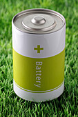 Nahaufnahme einer Batterie auf Gras, Studioaufnahme