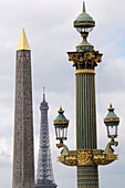 Street Lamp with Obelisque de Luxor and Eiffel Tower in background,Place de la Concorde,Paris,France