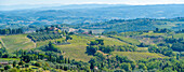 View of vineyards and landscape near San Gimignano,San Gimignano,Province of Siena,Tuscany,Italy,Europe