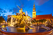 View of St. Mary's Church and Neptunbrunnen fountain at dusk,Panoramastrasse,Berlin,Germany,Europe