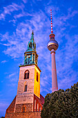 View of Berliner Fernsehturm and St. Mary's Church at dusk,Panoramastrasse,Berlin,Germany,Europe