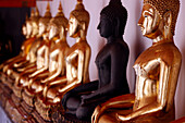 Reihe goldener Buddha-Statuen, Erdzeugen-Geste, Wat Pho (Tempel des liegenden Buddhas), Bangkok, Thailand, Südostasien, Asien