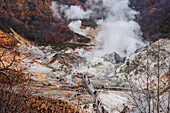 Pfad durch dampfende Schwefelgruben, Höllental, Shikotsu-Toya-Nationalpark, Noboribetsu, Hokkaido, Japan, Asien