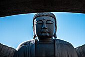 Nahaufnahme des Oberkörpers und des Kopfes einer riesigen Buddha-Statue vor blauem Himmel, Hill of the Buddha, Sapporo, Hokkaido, Japan, Asien