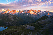 Aerial view of Fenetre lakes and the massif of Mount Blanc at sunrise,Ferret valley,Valais canton,Col du Grand-Saint-Bernard (St. Bernard mountain pass),Switzerland,Europe