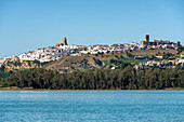 Arcos de la Frontera view from the other side of the lake in the Pueblos Blancos region,Andalusia,Spain,Europe