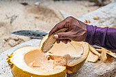 Einheimischer Mann isst eine frische Kokosnuss auf Batu Hatrim, Raja Ampat, Indonesien, Südostasien, Asien