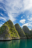 Blick auf bewachsene Inselchen in der Wayag-Bucht, Raja Ampat, Indonesien, Südostasien, Asien