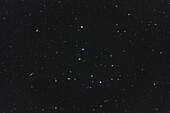 The Coma Berenices star cluster,aka Melotte 111,in the constellation of Coma Berenices,here in a field of view wide enough (7.5° by 5°) to frame it with some of the surrounding galaxies,in particular the edge-on galaxy NGC 4565 at lower left and NGC 4559 at upper left. Several other fainter galaxies are in the field,some between 12th to 14th magnitude,such as the tiny quartet of Box Galaxies at the extreme upper right corner. Melotte 111 is one of the nearer star clusters,being only 288 light years away. The field is similar to that of binoculars.