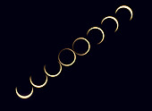 This is a composite that records the sequence around mid-eclipse of the October 14,2023 annular eclipse of the Sun. At this eclipse the Moon was near apogee so its disk was not large enough to completely cover the Sun's photosphere and create a total eclipse.