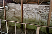 Sculpted stucco frieze on Structure 136 in the North Acropolis in the Mayan ruins in Yaxha-Nakun-Naranjo National Park,Guatemala.