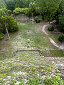 View of Plaza E from the top of Structure 216 in the Mayan ruins in Yaxha-Nakun-Naranjo National Park,Guatemala. Structure 216 is the tallest pyramid in the Yaxha ruins.