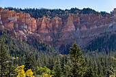 Herbstlich gefärbte Aspenbäume und rote Hoodoos aus der Claron-Formation auf dem Markagunt Plateau im Südwesten Utahs.