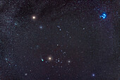 A portrait of green Comet C/2022 E3 (ZTF) in Taurus beside Aldebaran and the Hyades on February 14,2023,with Mars at upper left,and the Pleiades at upper right. This frames some of the other NGC star clusters in Taurus.