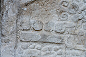 Detail of a glyph on Stela 4 in Plaza C of the Mayan ruins in Yaxha-Nakun-Naranjo National Park,Guatemala. This glyph represents the number 9.