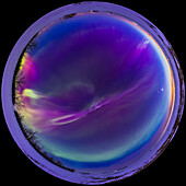 A 360° fish-eye panorama of the great equinox aurora of March 23,2023,with the aurora already bright as the sky darkened at twilight. The Kp values peaked at Kp7 this night.