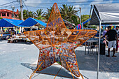 Ein Metalleimer in Form eines Seesterns für das Recycling von Plastikwasserflaschen auf dem Markt in San Pedro, Ambergris Caye, Belize.