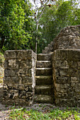 Treppe der Struktur 395 des Ballcourt 1 in der Südakropolis der Maya-Ruinen im Yaxha-Nakun-Naranjo-Nationalpark, Guatemala.