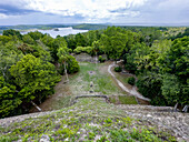 View of Lake Yaxha & Plaza E from the top of Structure 216 in the Mayan ruins in Yaxha-Nakun-Naranjo National Park,Guatemala. Structure 216 is the tallest pyramid in the Yaxha ruins.