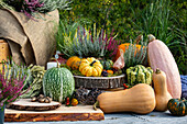 Autumn decoration with pumpkins and heather