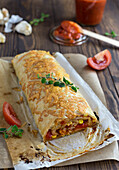 Pizza strudel made from puff pastry with tomato sauce, sweetcorn and cheese